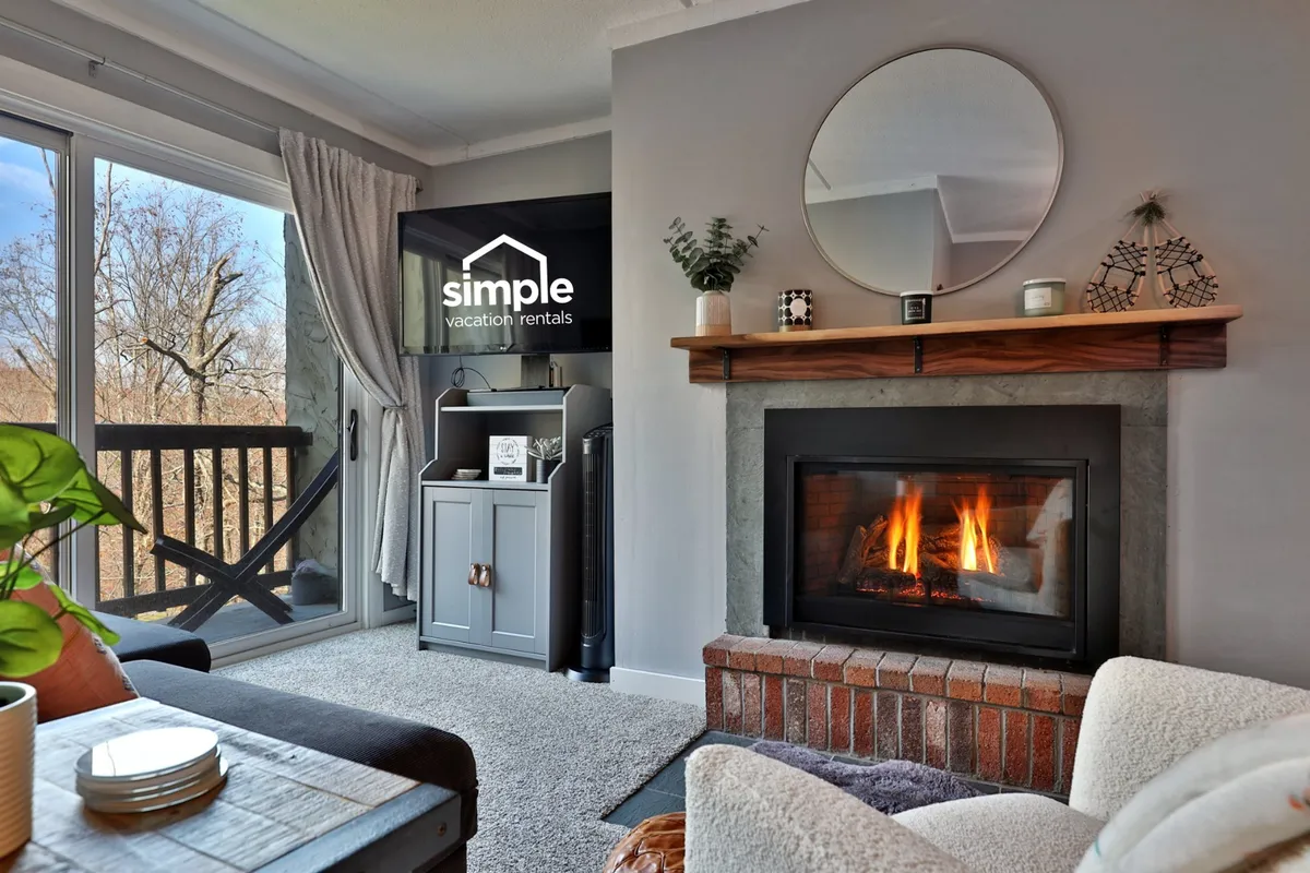 A stylish living room with a modern fireplace, comfortable seating, greenery, and a television unit. A mirror and balcony doors suggest a bright, airy atmosphere with access to outdoor views.