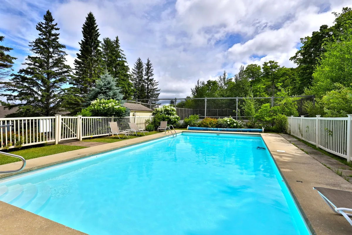 The image showcases a serene outdoor heated swimming pool surrounded by tall trees and a fenced area, with comfortable lounge chairs lining the perimeter. The tranquil setting hints at leisurely summer afternoons spent swimming, relaxing poolside, or reading in the shade.